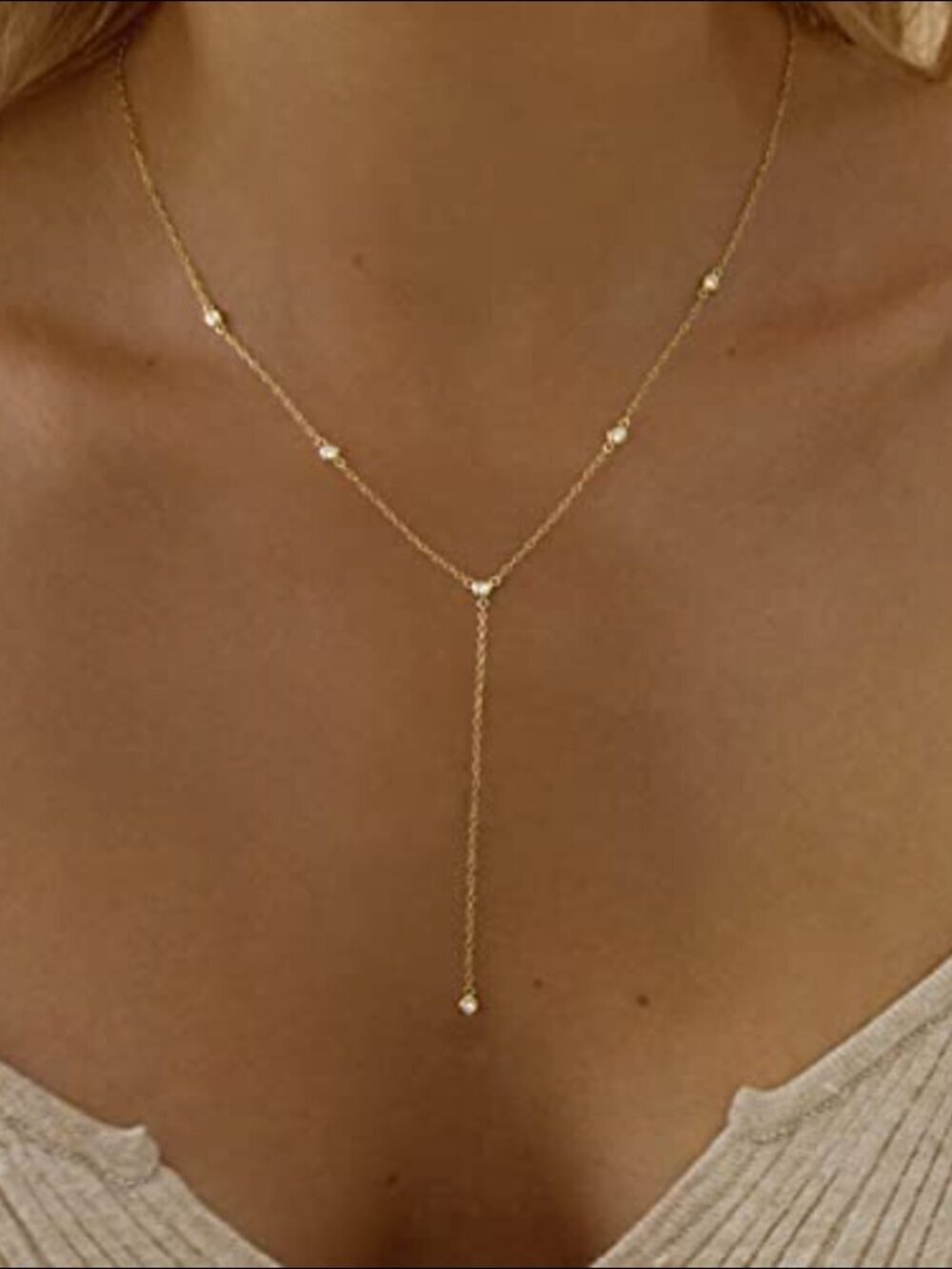 14k Yellow Gold Lariat Y-Necklace Long Layering Chain Dainty